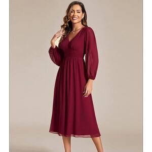 Ever Pretty Burgundy Long Sleeve V-Neck Mini Dress